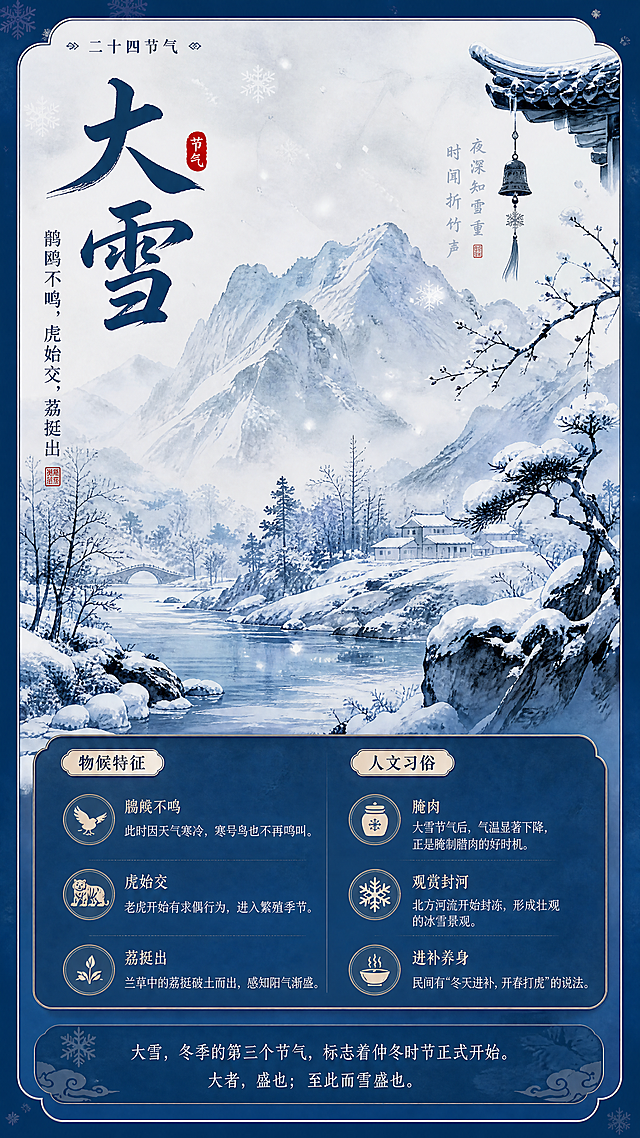 [第3屏] 大雪节气专属详情页，冬季六节气知识导览，展示大雪节气物候特征与人文文化。整体采用沉静的冬蓝色调为主视觉，融合水墨晕染的国风插画，呈现出冬日萧瑟与静谧氛围感，兼具国风美学与现代交互设计。主体展示节气名称"大雪"，搭配水墨风格的冬日大雪场景，包含大雪、雪山、寒林等典型大雪元素，画面左上角放置节气标题，中部为主视觉插画区域，右下角放置物候知识文字介绍区。保持产品物理结构清晰，主体占比约65%，元素层次分明。光影质感：整体采用柔和的冷调漫射光，突出水墨晕染的朦胧质感，明暗过渡自然，营造沉浸式冬日氛围。配色色系：全局底色#1a3a5c（冬蓝色），主体配色#f0f5fa（浅灰白）+#4a6f99（灰蓝），辅助色#8b9cb3（浅蓝灰），保持全页面整体配色统一。视角构图：采用垂直竖向构图，视角平视，景深适中，阅读动线从上到下自然流畅。文字版式：顶部主标题"大雪"，字体采用国风书法字体，字号大而清晰，主标题下方放置副标题"鹃鸥不鸣，虎始交，荔挺出"，中部为大面积主视觉插画，底部设置文字信息区，分点介绍物候特征与人文习俗，文字清晰不遮挡主体。比例分辨率：9:16竖版比例，4K分辨率，文字清晰可辨，超高清。负向提示词：变形，水印，文字错乱，结构错误，颜色偏差，背景杂乱。