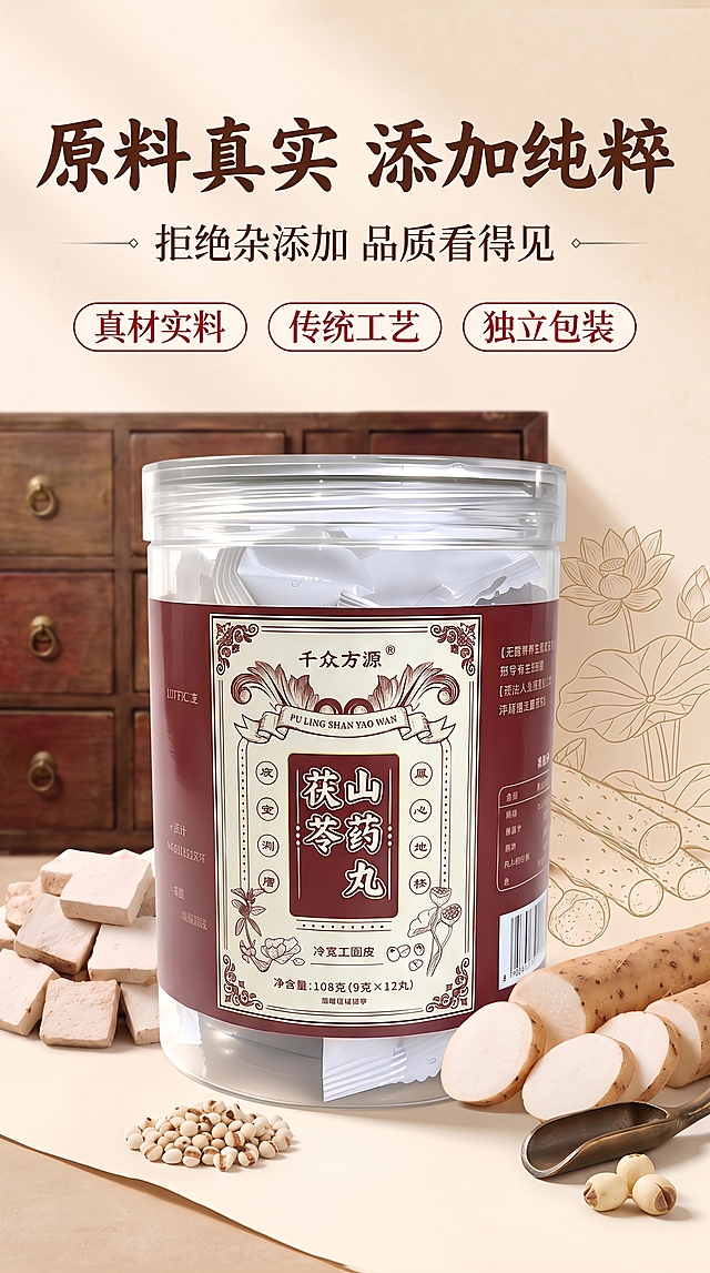 [第1屏] 详情页头图主视觉-茯苓山药丸产品全貌宣传海报。本屏使用【图1】作为商品主体。
[氛围/风格] 中式温润养生风，暖米色基调，传统药柜草本元素点缀，商业摄影质感，高级有食欲，接地气又有品质感。
[元素布局] 茯苓山药丸罐装产品置于画面中央偏下，占比约55%-60%；罐身标签文字清晰完整，包装结构、颜色与输入产品图完全一致；产品周围散落新鲜山药段、茯苓块、薏米、莲子等真实原料；背景为虚化的中式木质药柜和浅米色墙面，右侧有淡金色荷花线描装饰；前景铺米白色宣纸台面，增加层次感。
[光影质感] 左上方柔和暖光照明，右侧辅助补光，产品底部自然投影，整体明亮温润，突出罐身玻璃质感和原料真实肌理。
[配色色系] 全局底色 #F5EFE0 暖米白；主色枣红 #8B2323（取自包装）；辅助色原木棕、草本绿、金色点缀。
[视角构图] 正面微仰视，产品为视觉中心，阅读动线顶部标题 → 中部产品 → 底部卖点条。
[文字版式] 顶部大标题「原料真实 添加纯粹」，温润宋体加粗，枣红色；副标题「拒绝杂添加 品质看得见」，黑色宋体，居中；标题两侧加装饰性短线和圆点；底部横向排列3个卖点胶囊：「真材实料」「传统工艺」「独立包装」，白底红字细边框；文字不遮挡产品主体。
[比例分辨率] 9:16 竖版比例，4K分辨率，文字清晰可辨，高清画质。
[负向提示词] 罐身变形，包装文字错乱，缺件错件，颜色偏差，水印，文字过小，产品图模糊，背景杂乱，医疗化表述。
