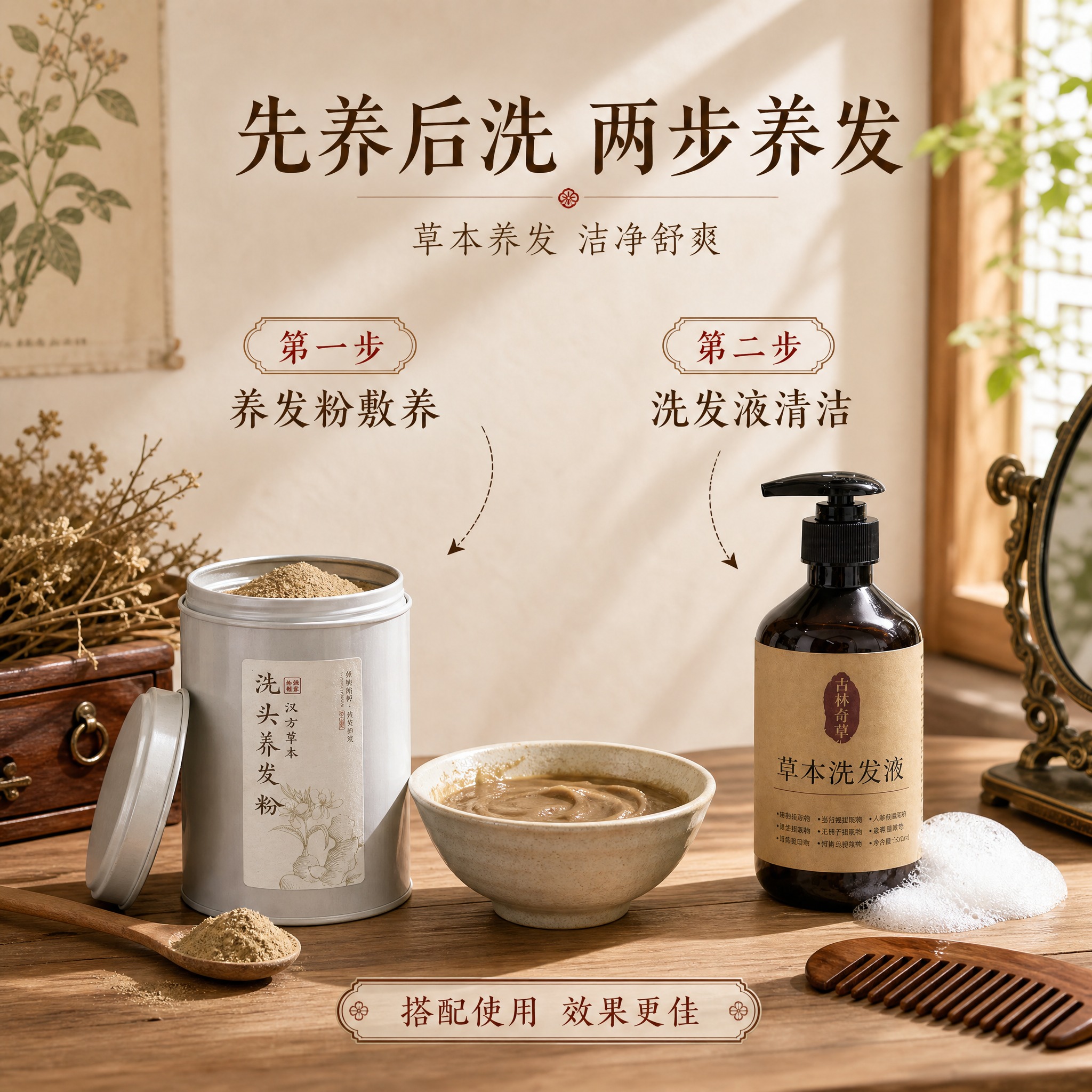 [主图-3] 使用步骤场景图，展示「先用养发粉 再用洗发液」的… - 图片创意预览