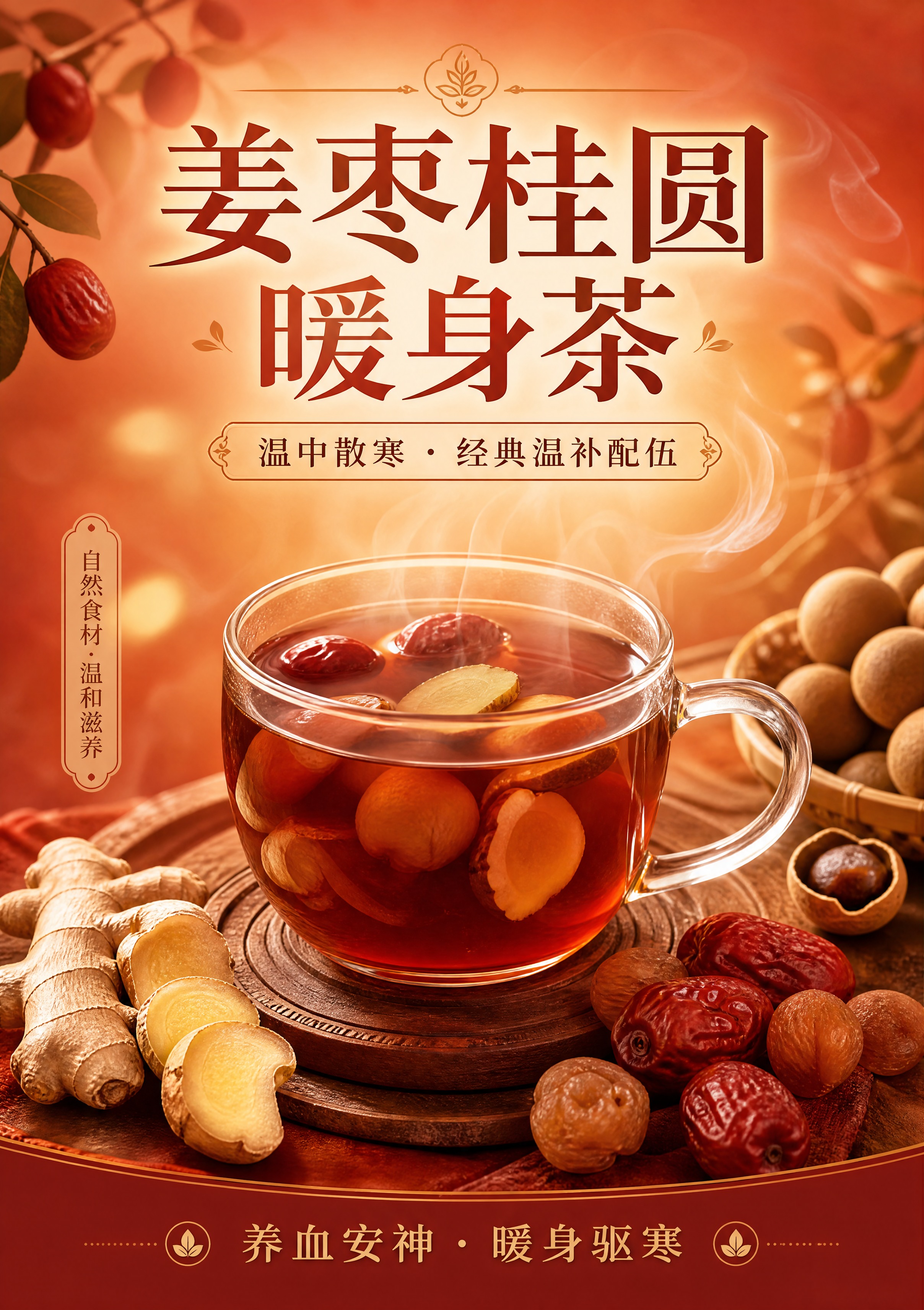 设计一张A5竖版茶品介绍立牌正面，姜枣桂圆暖身茶专属温补暖身风… - 图片创意预览