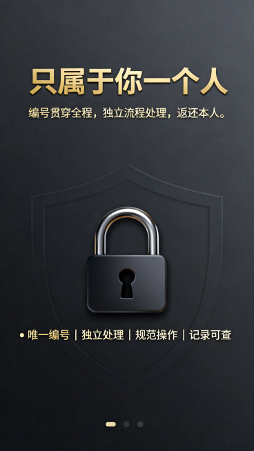 安全私密风格页面，深灰底色搭配金色文字，标题“只属于你一个人”，副文案“编号贯穿全程，独立流程处理，返还本人。”，下方分四点展示“唯一编号｜独立处理｜规范操作｜记录可查”，画面带有锁形隐私保护元素预览效果