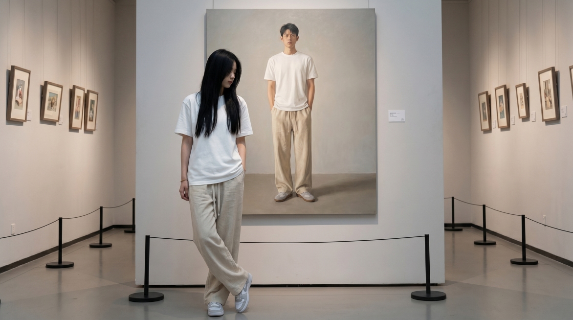 一位清冷气质的18岁东亚年轻女生她留着黑长直发型，身穿纯白色短袖上衣，下身搭配浅米色亚麻休闲裤，脚踩浅灰色耐克板鞋，她身后是一幅等身大正方形的男性写实油画，画中人物穿着同款上衣，下身搭配同款亚麻休闲裤预览效果