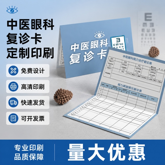 [单张主图] 中医眼科复诊卡定制印刷服务，爆款促销感主图，突出服务专业靠谱，吸引诊所客户下单。
[画面主体] 产品主体为中医眼科复诊卡折叠展示成品，主体位置居中，占比约65%，保持复诊卡的浅蓝色外观、预览效果