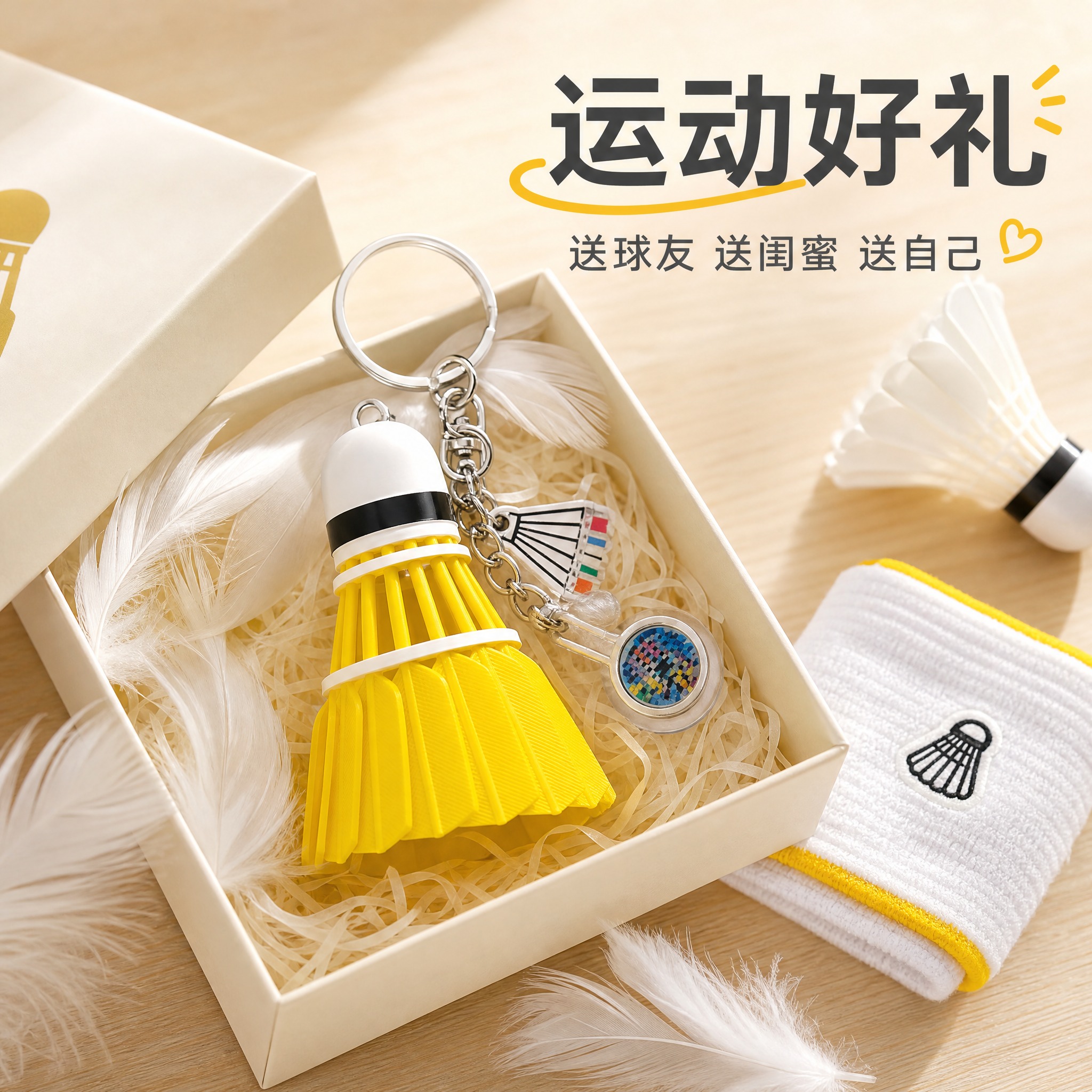 [主图-6] 黄色羽毛球造型钥匙扣挂件 送礼推荐场景展示。 [… - 图片创意预览