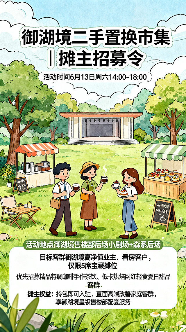 地产活动招商海报，标题为「御湖境二手置换市集 | 摊主招募令」，文案信息：活动时间6月13日周六14:00-18:00，活动地点御湖境售楼部后场小剧场+森系后场，目标客群御湖境高净值业主、看房客户，仅限5席宝藏摊位，优先招募精品特调咖啡手作茶饮、低卡烘焙网红轻食夏日甜品，摊主权益：拎包即可入驻，直面高端改善家庭客群，享御湖境星级售楼部配套服务，风格为简约森系插画，配色清新自然