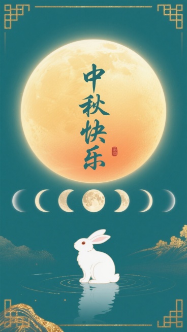 生成中秋海报，从深橙色在顶部到淡黄色在底部。在中央，有一个巨大的发光圆形（代表月亮），从金黄色渐变到软橙色。在这个主圆的下面，排列一个横面的、较小的、半透明的月相（从新月到满月）向中心下降的序列。在主预览效果