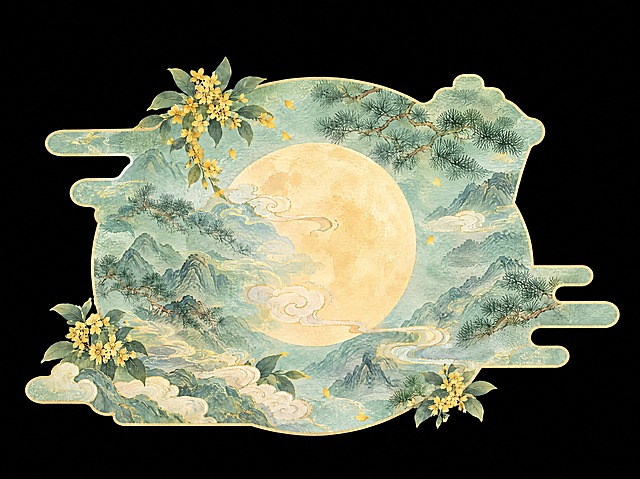 去除图中的白色兔子和右侧的中式灯笼，其余所有内容（月亮、桂花、松枝、祥云、山水、异形外轮廓、底色、纹理、纯黑背景等）保持完全不变，兔子和灯笼去除后用周围的山水祥云桂花等元素自然补全，保持画面整体风格统一和谐