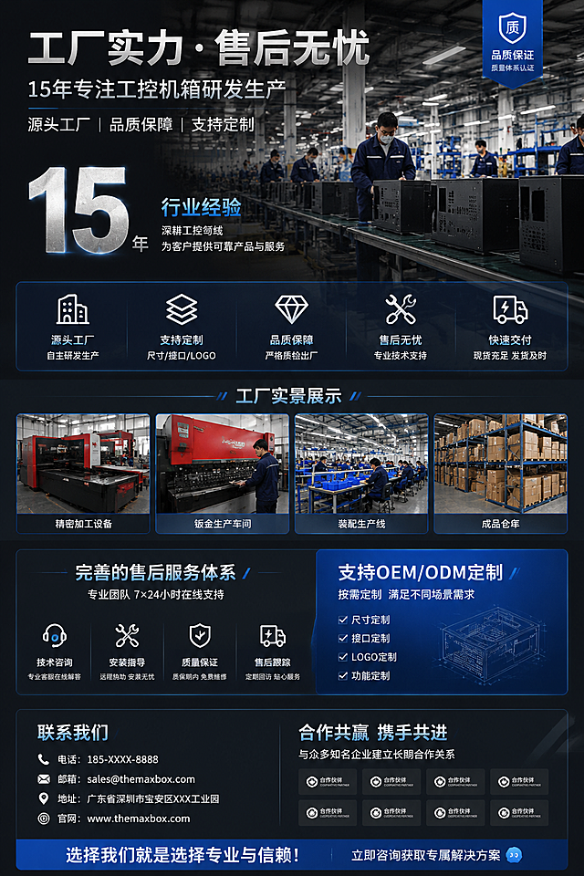 工控机箱详情页最后一页，展示工厂实力和售后服务，工厂车间背景，突出15年生产经验，支持定制，底部放联系方式和合作信息，1688工业风格排版