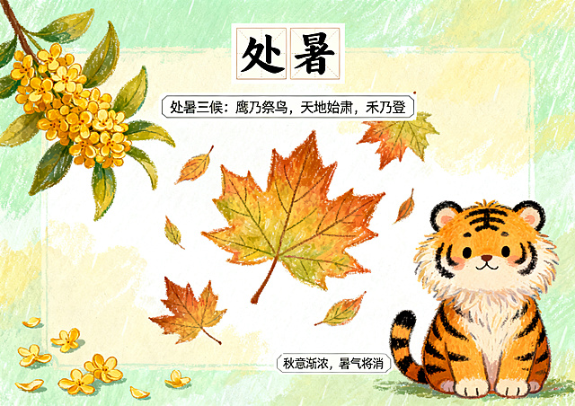 处暑主题手抄报，油画棒手绘风格，横版A4排版，清新色彩，包含桂花、落叶、秋老虎插画，入秋凉爽氛围，留有文字框