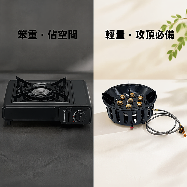[对比图] 左右分屏。左边是一个巨大的家用卡式炉，文字“笨重 · 佔空間”；右边是我们的折叠炉头，文字“輕量 · 攻頂必備”。整体风格温馨自然，高品质电商摄影风格。保持戶外折疊爐頭外观结构与输入产品图绝对一致，杜绝任何变形和色差，精细化处理。画面清晰分割，左右对比分明。光影：左右侧均匀布光，清晰展示两款产品，光线明快。配色：左侧深色调突出笨重感，右侧浅色调突出轻盈感，对比清晰。视角构图：左右对称分屏，两款产品分别居中展示，大小对比强烈。文字版式：每部分产品上方放置对应文字，黑色粗体无衬线字体，清晰对比。比例分辨率：严格1:1正方形，4k分辨率，文字清晰锐利，画面超高清。图片上所有文字语言使用繁体字。负向提示词：变形，水印，文字错乱，产品图模糊，背景杂乱。