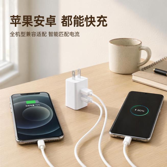 [主图-4] 产品场景适配展示页，展示充电器适配苹果安卓全机型使用场景。
[氛围风格] 真实日常场景，自然通透，贴近用户使用体验
[画质] 写实摄影质感，光线自然通透，产品清晰，场景真实
[元素] 桌预览效果