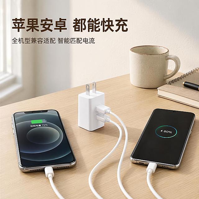 [主图-4] 产品场景适配展示页，展示充电器适配苹果安卓全机型使用场景。
[氛围风格] 真实日常场景，自然通透，贴近用户使用体验
[画质] 写实摄影质感，光线自然通透，产品清晰，场景真实
[元素] 桌面场景展示，浅色木质桌面，背景为简洁白墙，桌面中央放置充电头，连接USB充电线，同时给一部苹果手机和一部安卓手机充电，手机屏幕亮屏显示充电图标，黑白两款充电头选择白色款展示，保持产品外观、材质、颜色与原图一致，无变形。桌面搭配少量日常桌面物品：一个简约咖啡杯，一本笔记本，增加生活氛围感，不抢产品主体。商品主体充电头占比约50%，场景自然不突兀。
[光影] 白天室内自然光，从侧面窗户射入，光线柔和自然，阴影过渡平缓，整体通透干净，真实生活感
[配色] 主色调原木浅棕色桌面，白色背景，产品白色，手机黑色/银色，整体清新自然，配色柔和
[视角构图] 略微俯视平视角度，场景层次分明，前景桌面，中景产品和手机，背景白墙，景深合适，主体突出
[文字版式] 左上角负空间放置大字主文案"苹果安卓 都能快充"，深棕色粗体，下方小字辅助文案"全机型兼容适配 智能匹配电流"，字号缩小，文字不遮挡产品主体，保持安全边距
[比例分辨率] 1:1 比例，2048*2048px 分辨率，超高清，文字清晰
[负向提示词] 变形，文字错乱，产品模糊，背景杂乱，水印，电商平台Logo，夸张对比，虚假宣传，遮挡充电头主体