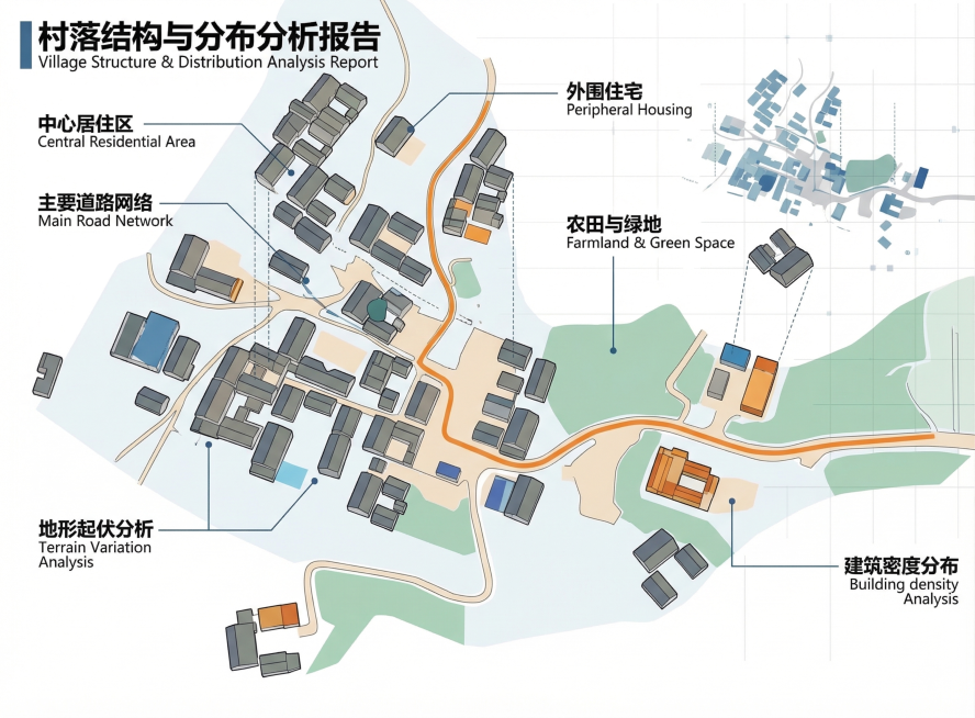 生成村落卫星爆炸图和分析展板，基于提供的卫星航拍图，制作爆炸效果展示村落布局，并添加专业分析标注，清晰展示村落结构与分布，风格专业清晰适合分析展示预览效果