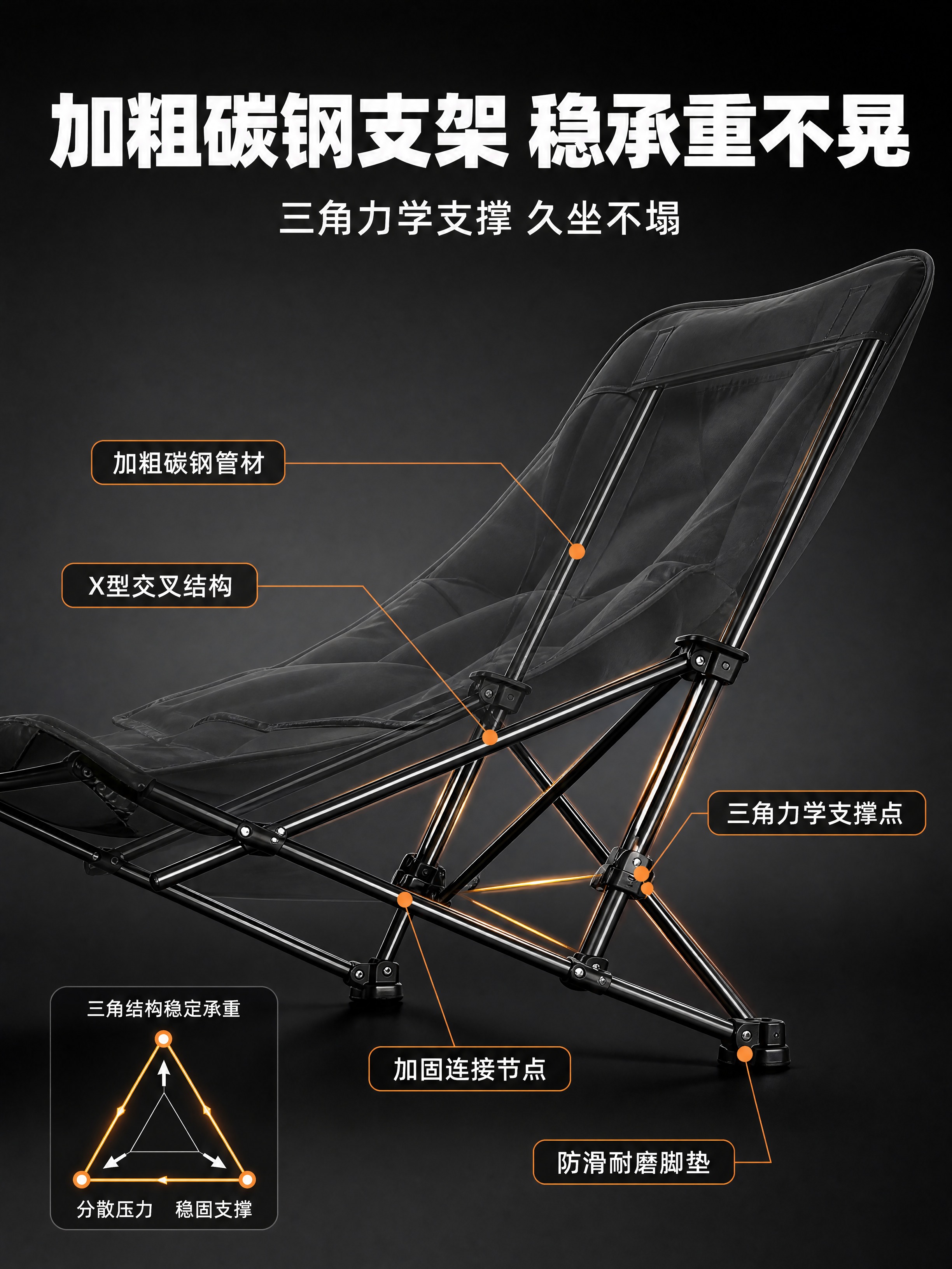 [商品] 使用【图1】黑色棉款四档可调节折叠椅；保留X型碳钢支… - 图片创意预览