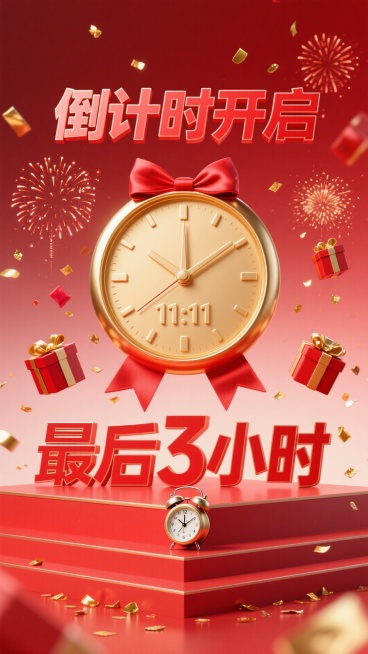 红色渐变背景中央，是金色圆形时钟，时针分针指向 “11:11”，时钟边缘装饰红色丝带；时钟上方用红色艺术字 “倒计时开启”，下方是红色立体字 “最后 3 小时”；周围悬浮红金礼盒（礼盒上有倒计时数字）预览效果