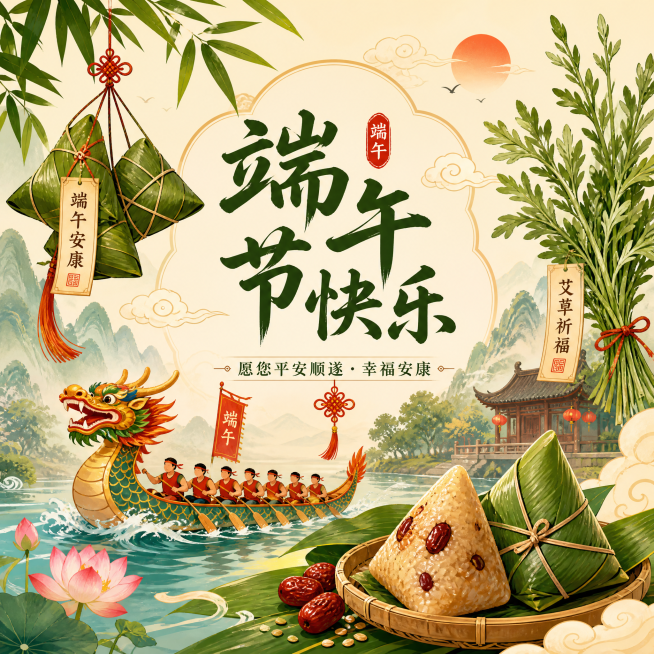一张端午节主题的祝福图片，画面有粽叶、龙舟、艾草等传统元素，中央有清晰的文字“端午节快乐”，整体氛围喜庆温馨，国风节日风格预览效果