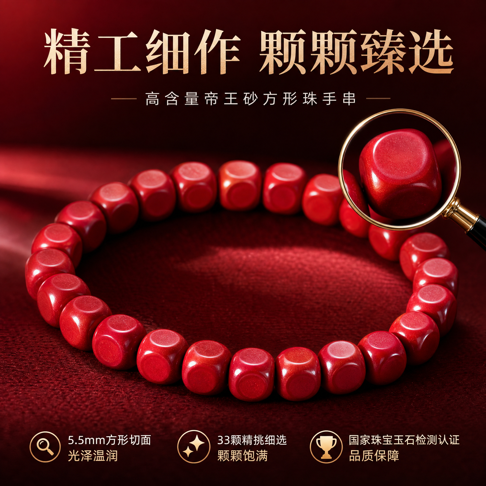 电商淘宝天猫主图，朱砂手串产品细节特写图，产品为高含量帝王砂方… - 图片创意预览