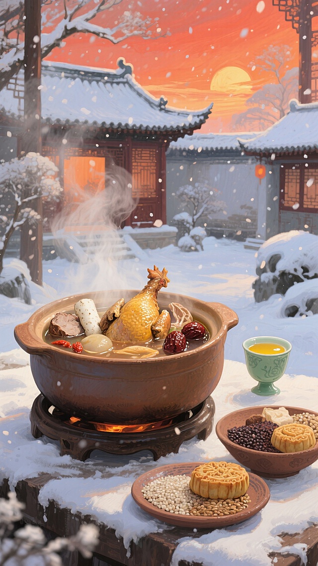 水墨风与重拟物结合，古典庭院雪景中热气腾腾的鸡汤氤氲温暖，插画风呈现中式冬日温馨梦境，融合节日祥和氛围。