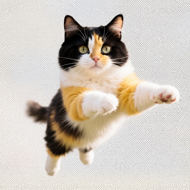 一只可爱的猫咪，脸上花色一半黑色，一半黄色，正在空中跳跃，姿态轻盈，毛发柔软蓬松，眼神灵动，高清晰度，细节丰富，画面明亮预览效果