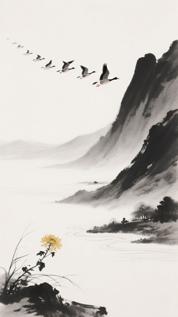 俯视长卷构图，留白占据画面三分之二的苍茫天际，右侧以浓淡不一的墨色纵向晕染出层叠山峦的剪影，一队呈"人"字形的鸿雁正掠过山巅，领头雁的喙部与翅膀尖以焦墨勾勒出锐利的轮廓，雁群腹部的绒毛用淡墨渲染出随风飘动的层次感，山脚下几株野菊以极简的笔触斜斜向上生长，其中一朵菊花的花瓣边缘刻意留出飞白，仿佛被秋风微微吹动，整幅画面通过墨色的干湿浓淡变化，呈现出"雁南渡，菊正黄"的东方诗意，线条如行云流水般贯……预览效果
