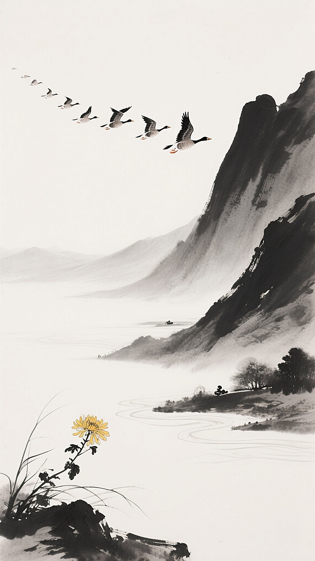 俯视长卷构图，留白占据画面三分之二的苍茫天际，右侧以浓淡不一的墨色纵向晕染出层叠山峦的剪影，一队呈"人"字形的鸿雁正掠过山巅，领头雁的喙部与翅膀尖以焦墨勾勒出锐利的轮廓，雁群腹部的绒毛用淡墨渲染出随风飘动的层次感，山脚下几株野菊以极简的笔触斜斜向上生长，其中一朵菊花的花瓣边缘刻意留出飞白，仿佛被秋风微微吹动，整幅画面通过墨色的干湿浓淡变化，呈现出"雁南渡，菊正黄"的东方诗意，线条如行云流水般贯穿天地，留白处蕴含着无尽的空寂与远方。