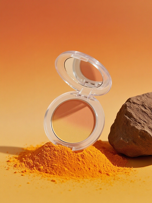 画面中有一块带有粗糙纹理的棕色岩石，主体放在橙黄色粉末上，暖橙渐变背景