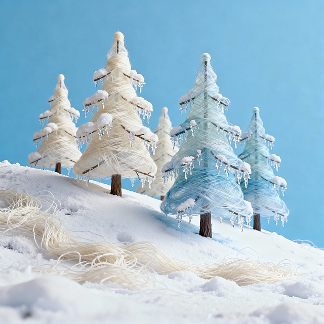 平缓雪坡上排着几棵雪松（枝挂冰晶），地面覆厚雪，蓝色背景，配色奶白 + 浅蓝，清新透着凉意。
