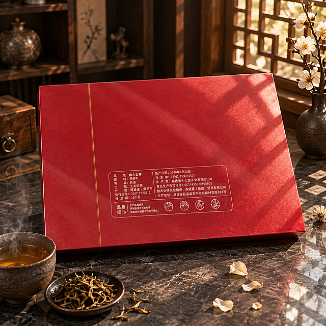 超写实新中式茶室产品摄影。
主体：梅占金芽万事顺红色茶叶礼盒（背面）严格参照上传产品图，完整保留所有可见组件、部件、轮廓、结构、比例、材质、颜色与产品本体上的所有文字信息（产品信息表、温馨提示、规格参数等），与上传图完全一致；自然融入场景光影，与场景共处同一物理空间。产品占画面约60%，完整不裁切，背景无其他同类产品包装。
构图：45度微俯拍，黄金分割构图，礼盒背面朝向镜头，微侧10°。
风格：新中式轻奢。
场景：中式茶室一角，午后暖阳透过木格窗洒入。
空间承载：①礼盒放置于深灰色大理石台面，纹理自然；②背景为深胡桃木色博古架局部；③右上方可见中式木格花窗，光影斑驳。
陪衬陈设：①礼盒左前方，一只深棕色粗陶茶杯，盛有半杯琥珀色茶汤，微微冒着热气；②茶杯旁，一小碟散落的金芽干茶叶；③礼盒右后方，一枝白色腊梅插花，置于深色陶瓷小花瓶中；④台面上散落几片干枯梅花瓣。
配色/材质：酒红 / 胡桃棕 / 深灰 / 琥珀金 / 米白；亮面烤漆木盒 / 大理石 / 粗陶 / 陶瓷 / 干花。
光影：主光从右上方木格窗斜入45°，暖金色午后阳光照亮礼盒背面，形成柔和窗格阴影；辅光为左侧环境漫反射，礼盒红色漆面呈现细腻高光反光。
参数：4K 写实光追，商业产品摄影质感。严格锁定宽高比为 1:1。