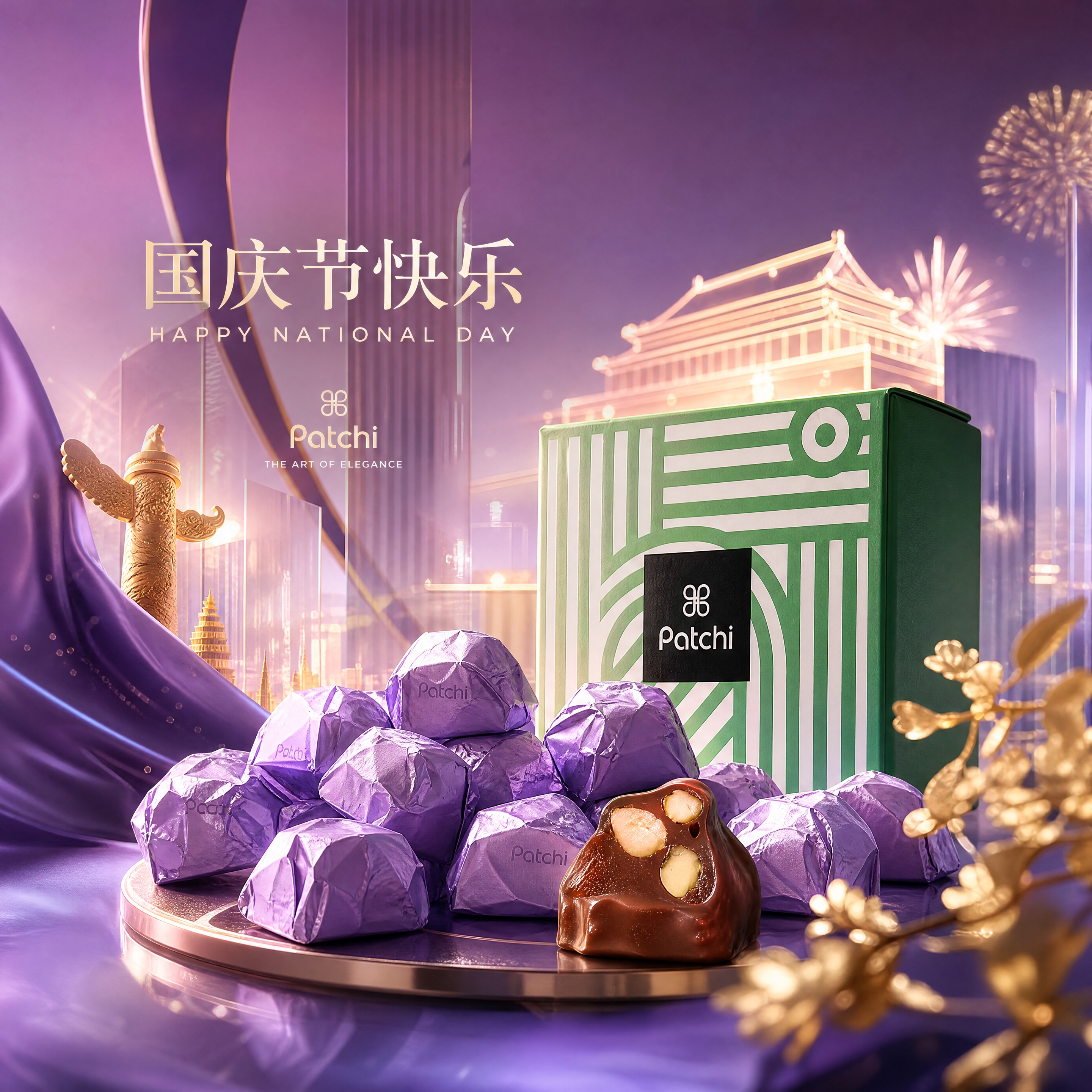 以参考图中的Patchi巧克力礼盒和紫色锡纸包裹的巧克力为主体… - 图片创意预览