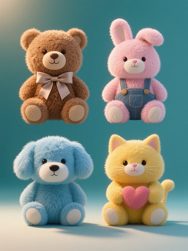 四个不同颜色纯色背景的系列毛绒玩具集合规整排布，保持3D写实风格，每个玩具都有柔软蓬松的毛发质感、圆润饱满的形态和精致的细节，包含系着缎带的棕色小熊、戴着蝴蝶结的粉色兔子、穿着背带裤的蓝色小狗和抱着爱心的黄色猫咪，光源来自左上方，营造出柔和自然的光影效果，阴影细腻，高光表现自然，整体构图对称平衡，所有元素清晰可辨且视觉统一