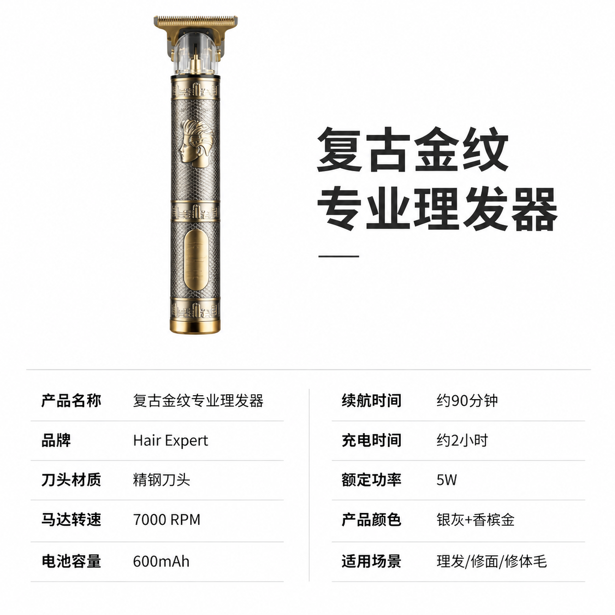 电商详情页第8屏（参数规格）：复古金纹专业理发器 [布局] 产… - 图片创意预览