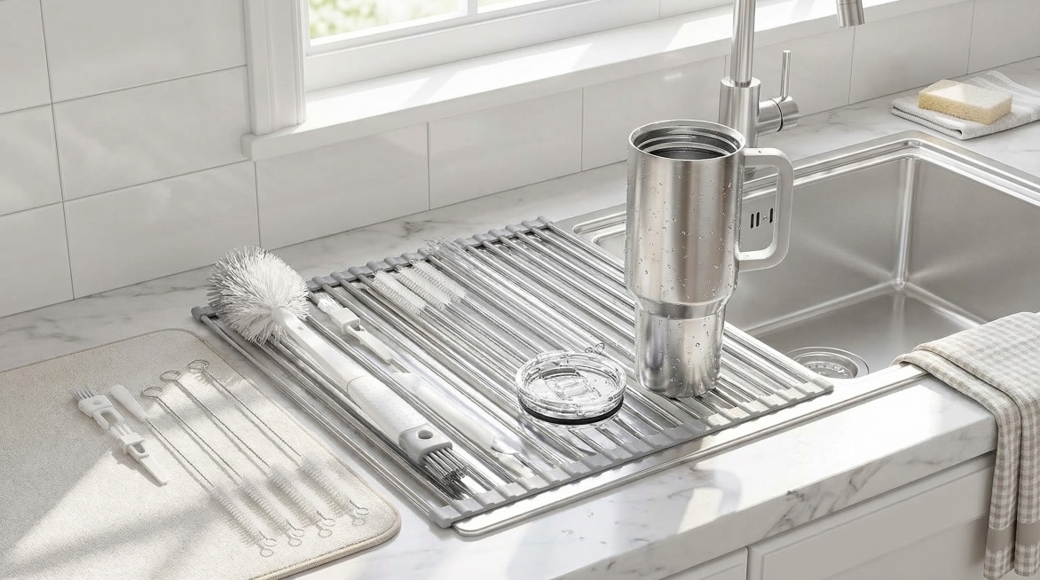 厨房水槽边摆放着这套杯子清洁工具套装，旁边放着刚洗完的不锈钢保温杯，刷子外观细节和参考图完全一致，明亮整洁的居家清洁场景预览效果