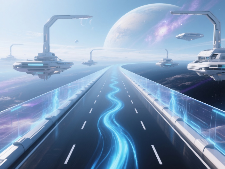 未来科技感的悬浮公路场景，公路悬浮于星际空间中，路面有流动的蓝色光效，两侧有透明的能量屏障，远处可见行星和星云，色调以浅蓝、银白、淡紫为主，整体干净明亮，无黑色元素，细节精致，高清晰度，科幻感十足预览效果