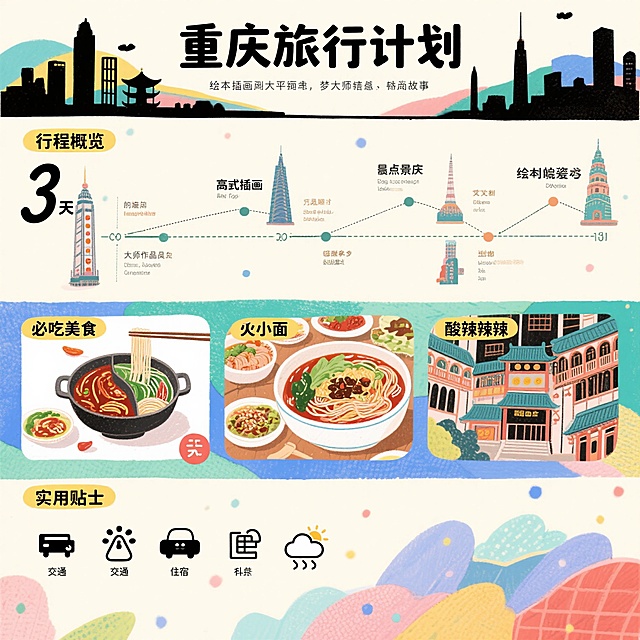 重庆旅行计划长图，顶部是“重庆旅行计划”标题，下方分三部分：第一部分“行程概览”，包含3天行程时间轴，标注解放碑、洪崖洞、磁器口等景点；第二部分“必吃美食”，展示火锅、小面、酸辣粉的插画；第三部分“实用贴士”，有交通、住宿、天气提示图标，整体风格为清新手绘风，色彩明快，搭配重庆地标剪影装饰