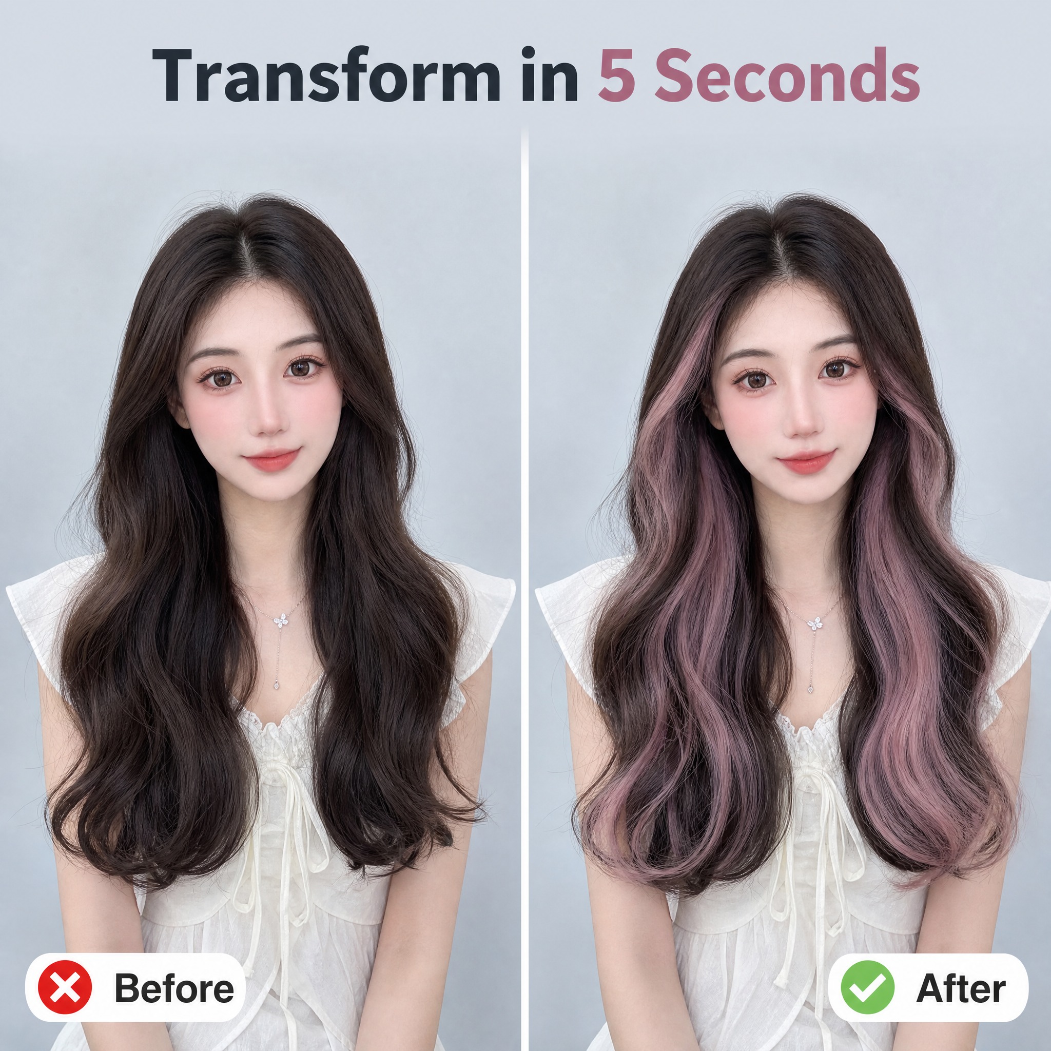 [主图-4] 彩色挂耳染卷发片 佩戴前后对比效果 Before… - 图片创意预览
