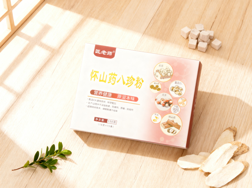 怀山药八珍粉纸质包装盒，白红棕配色，保持物理结构绝对不变，保持包装盒上原有文字和Logo原样，严禁包装扭曲变形
主体占画面60%，平稳放置在浅原木纹理桌面上，有自然接触阴影
浅暖米色木纹背景，营造温馨预览效果