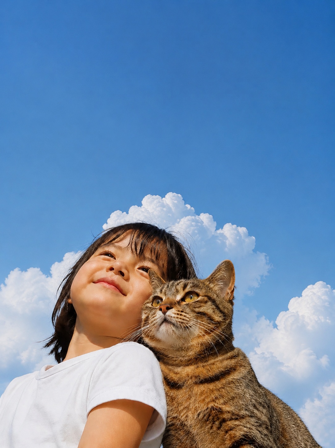 保持小女孩和狸花猫的主体完全不变，将背景替换为第二张图中的蓝天… - 图片创意预览