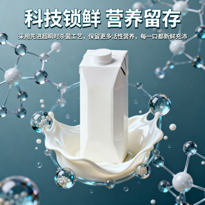 高端牛奶广告海报，采用现代科技感高端风格，主色调为雾霾蓝搭配奶白色。画面中心是简约设计的牛奶利乐包装，周围环绕着分子结构样式的营养元素特效，牛奶液体呈现出丝绸般的光泽质感。上方是棱角分明的艺术字体标题预览效果