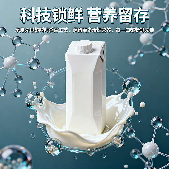 高端牛奶广告海报，采用现代科技感高端风格，主色调为雾霾蓝搭配奶白色。画面中心是简约设计的牛奶利乐包装，周围环绕着分子结构样式的营养元素特效，牛奶液体呈现出丝绸般的光泽质感。上方是棱角分明的艺术字体标题"科技锁鲜 营养留存"，下方文案"采用先进超瞬时杀菌工艺，保留更多活性营养，每一口都新鲜充沛"，画面高级有科技感，突出产品的工艺优势。