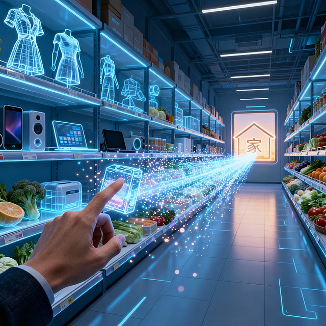 一个充满未来感的无限延伸的虚拟货架长廊。货架上陈列的不是实物，而是由全息光影构成的、琳琅满目的商品3D模型（从服装、电子产品到生鲜食品）。一只象征着“消费者”的手，正在点击一个商品，商品瞬间化为粒子流，通过一道发光的“传送门”流向远方一个代表“家”的温暖窗口。