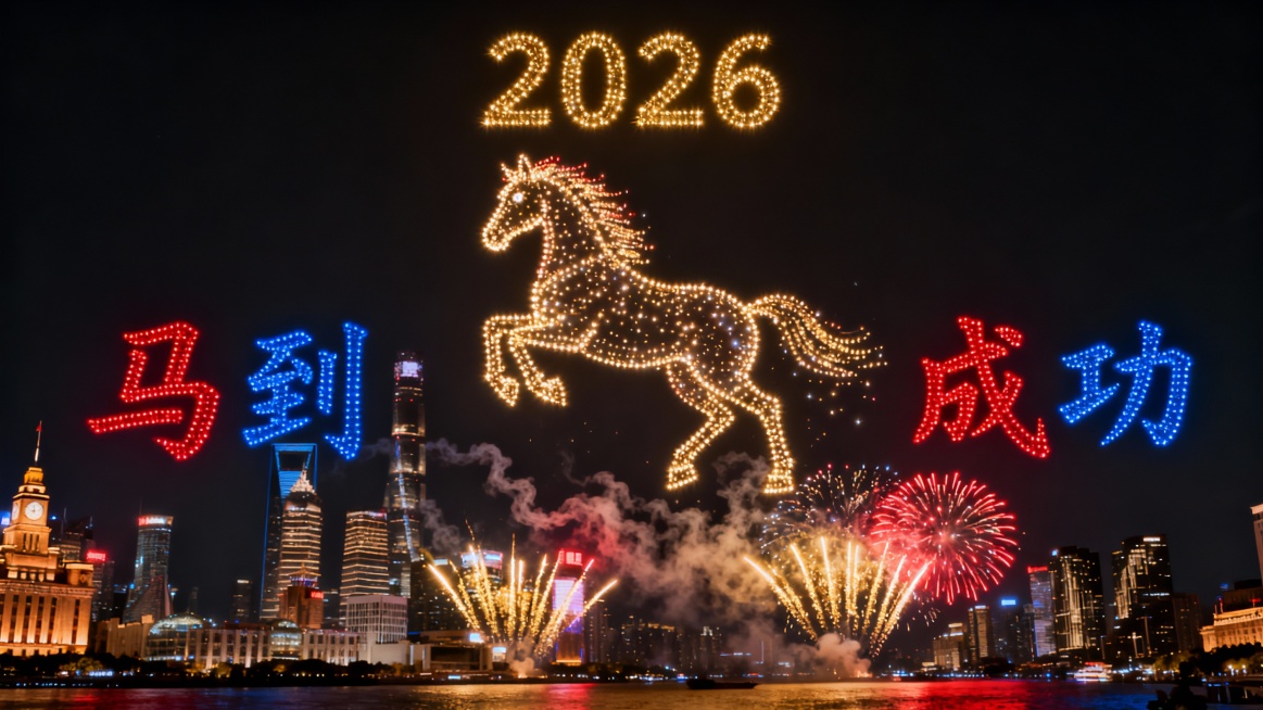超写实4K长曝光摄影，电影级构图，照片级写实风格，戏剧性光影，清晰对焦，

一场盛大壮观的烟花表演在【上海外滩】上空的夜空中绽放，

这些烟花并非随机分布，它们组成了一个主题清晰发光的【马】形状，在主预览效果