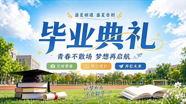 参考图片版式，生成毕业典礼展板，保留所有文案：主标题“毕业典礼”，副标题“青春不散场 梦想再启航”，顶部“盛夏相遇 盛夏告别”，卖点标签“定格青春”“铭记成长”“奔赴未来”，底部“以梦为马 不负韶华”，校园操场背景，蓝天白云绿树，书本毕业帽毕业证装饰，青春清新风格，文字排版和构图和参考图一致