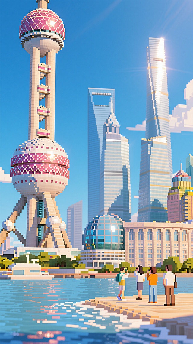 上海东方明珠建筑群，江景，海边，散客，晴天