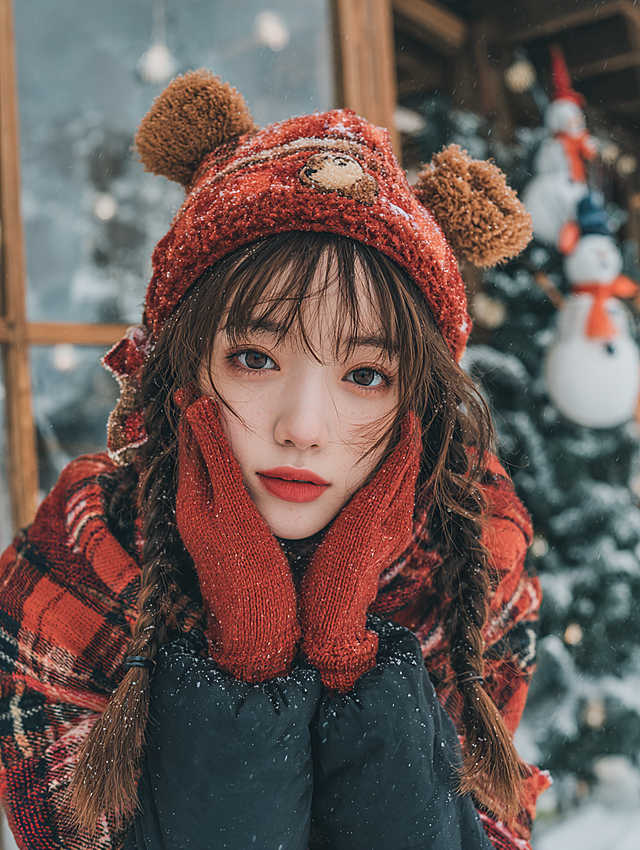重新生成单人写真图片四张，要求人物脸部清晰，像素3k，着重刻画人物面部手部细节描写，比例3：4，甜美可爱活力女生
发型
棕褐色双麻花辫，搭配带姜饼人装饰的红格纹圣诞帽（帽檐有毛绒+棕熊耳造型），发丝蓬松显灵动。
服饰
黑色羽绒服+红格纹围巾+红色露指手套，圣诞红配色呼应节日氛围。
妆容
甜美元气妆：粉调腮红扫出“奶油肌”通透感，唇妆是饱满的水红唇釉，眼妆用棕褐色大直径美瞳+纤长睫毛放大双眼，整体是减龄的“幼态甜妹”风格。
背景
室外被雪覆盖的圣诞树+木屋门窗，右侧有雪人装饰，背景带冬日积雪，营造圣诞雪景氛围。
动作
第一张：双手抬至脸侧、手掌朝前，眼神直视镜头；第二张：嘟嘴+抬双手，表情俏皮活泼。
拍摄方式+滤镜
采用近景特写（3:4比例），透过玻璃窗拍摄（带轻微反光质感）；滤镜是暖调柔光风，提亮肤色同时保留雪景的清透感，强化冬日温馨氛围。