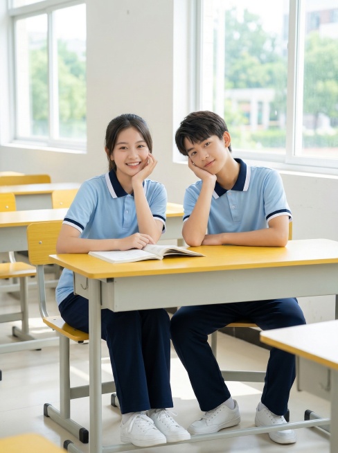 3:4电商主图，ins风高级感，学院风校园风，五官精致的初中男女学生各一名，穿着和参考图同款的校服产品：浅蓝色短袖polo+藏蓝色无杠长裤，不改变款式和颜色，搭配白运动鞋；女生托腮撑桌、摊开课本看向镜预览效果