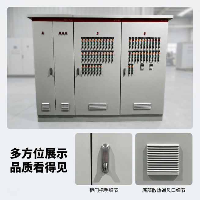 [主图 4] PLC成套配电柜多维度拼图展示；
[氛围/风格] 专业工业风，现代化干净工厂车间环境，整体风格光影与整套主图保持统一。
[画面元素] 商业摄影质感、光线柔和通透、产品清晰真实、画面干净高预览效果