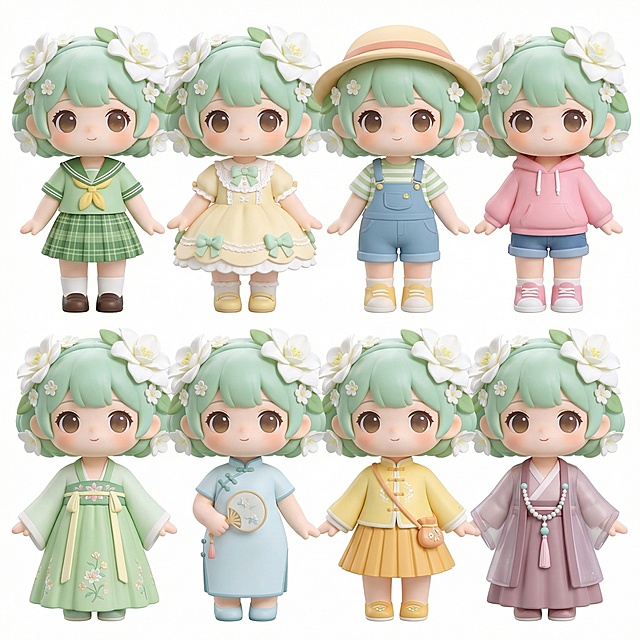 基于参考图中的3D角色，为该Q版可爱3D角色创作8种不同服装搭配，包含现代风格和古风风格，搭配不同配饰与造型，保持可爱软萌甜甜风格，保持角色原有浅绿色短发和白色花朵发饰不变，保持3D手办质感，保持角色面部特征一致，纯白背景，将8套3D搭配展示在同一张图中