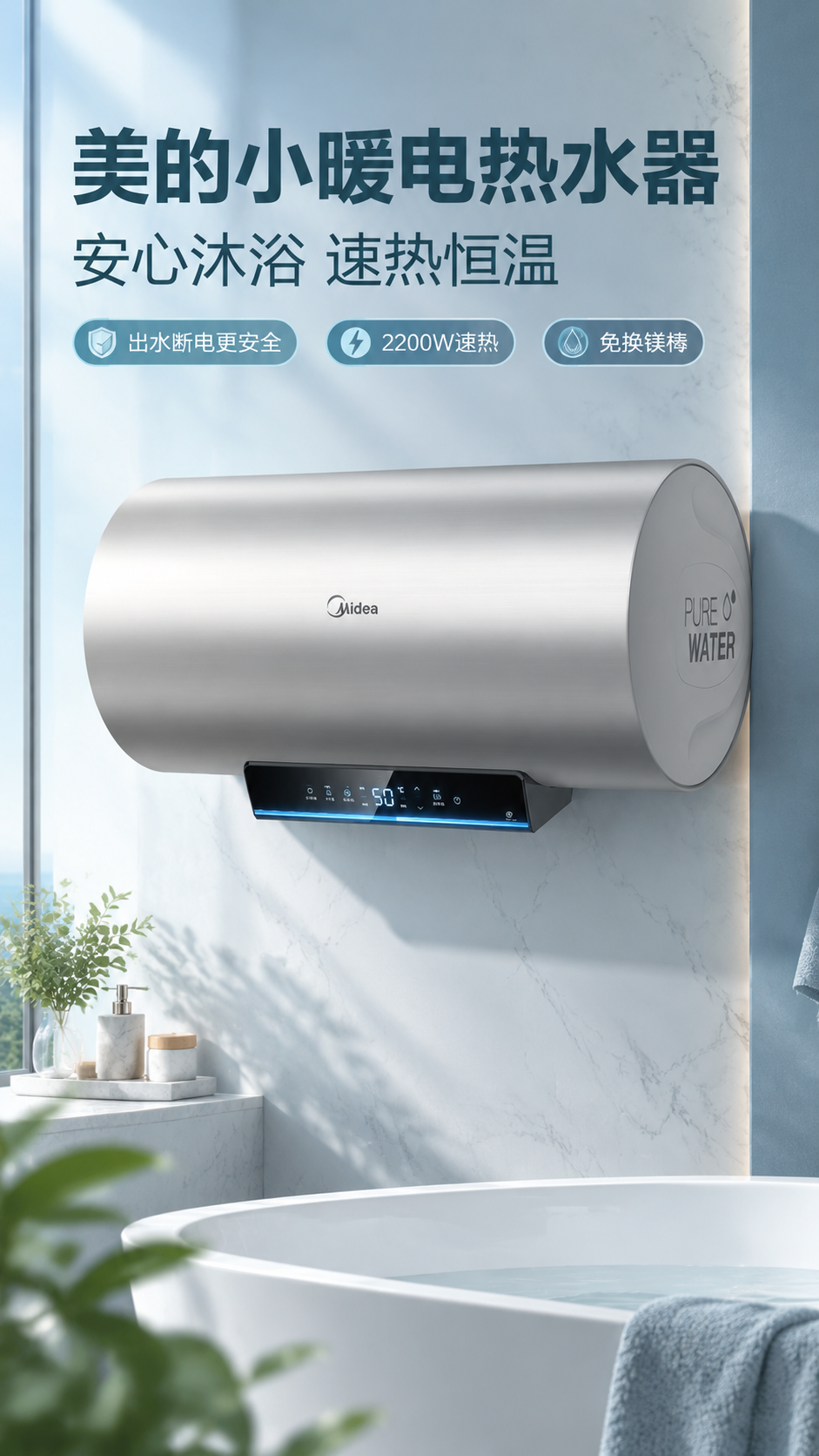 [商品] 使用【图1】美的小暖电热水器银色圆筒款；保留圆筒造型… - 图片创意预览