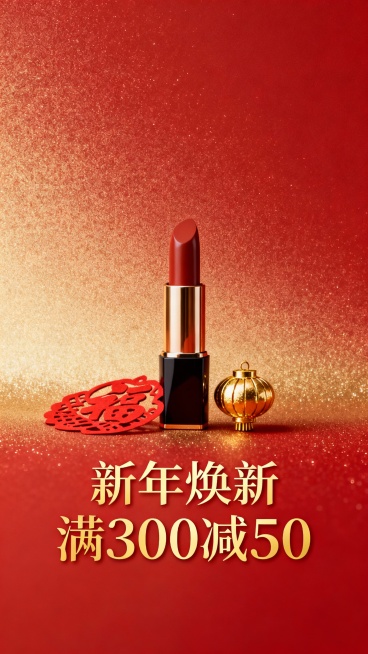 极简风春节化妆品促销海报，红金为主色调，画面简洁干净，以一支质感高级的口红或精华瓶为视觉中心，搭配1-2个小巧的春节元素点缀（如迷你金箔灯笼、镂空福字贴纸），背景为哑光红底+细腻金粉渐变，底部用金色字预览效果