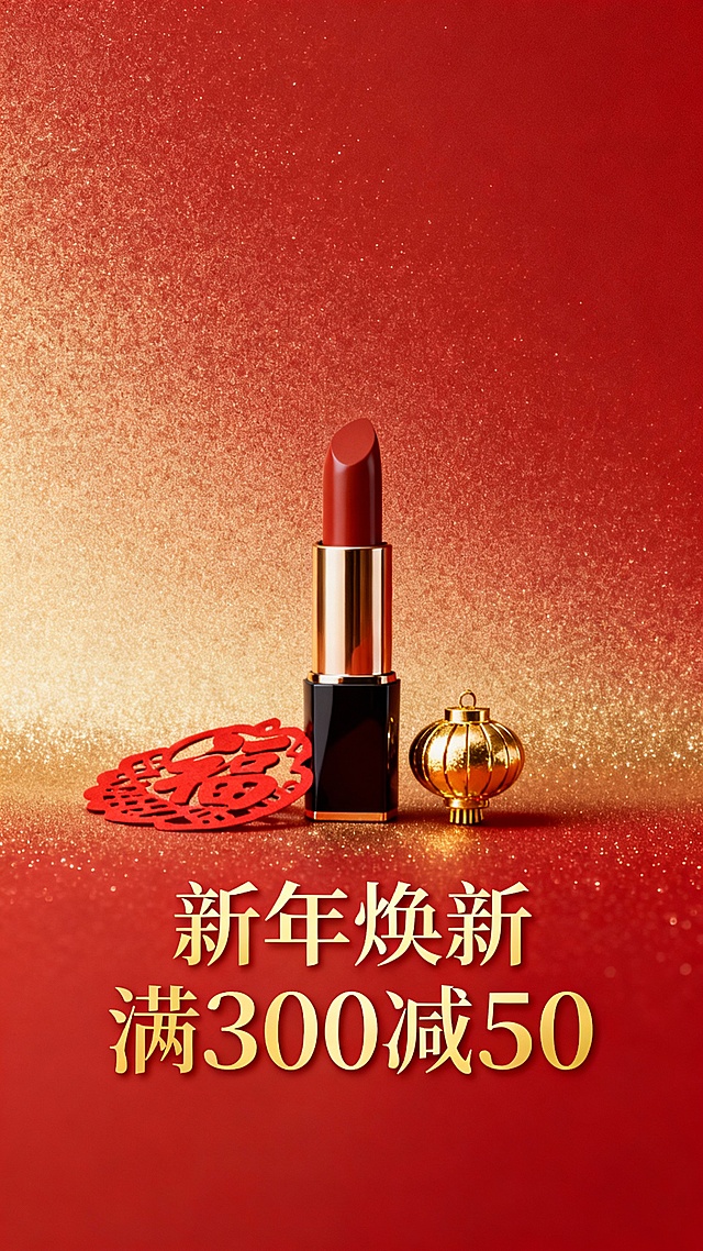 国潮风剪纸“福”字与鎏金灯笼点缀，重拟物风口红闪耀喜庆红金背景，中式奢华感满溢，新年焕新氛围浓厚。